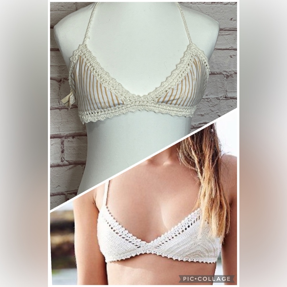She Made Me Reversible Crochet Knit Essential 70s Boho Bikini Top like new Large
